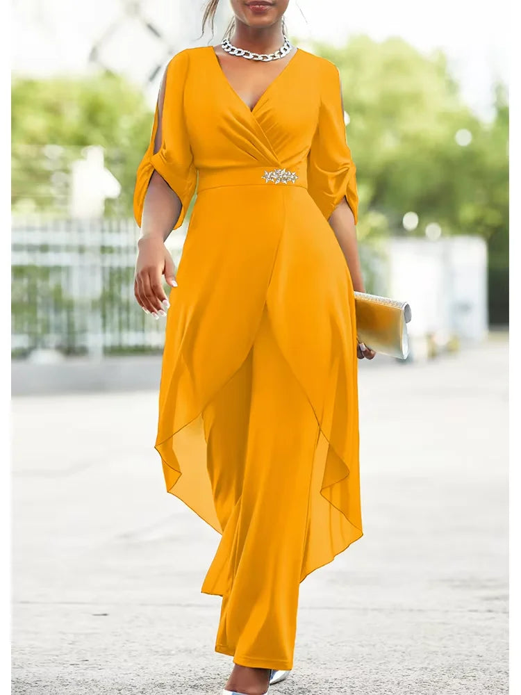 Plus Size Chiffon V-Neck Top and Loose Pants