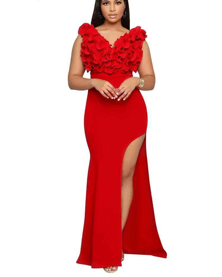 Elegant Ruffles V Neck Asymmetric Split Slim Mermaid Dress