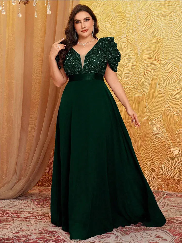 Plus Size V Neck Puff Sleeve Sparkling Evening Dress