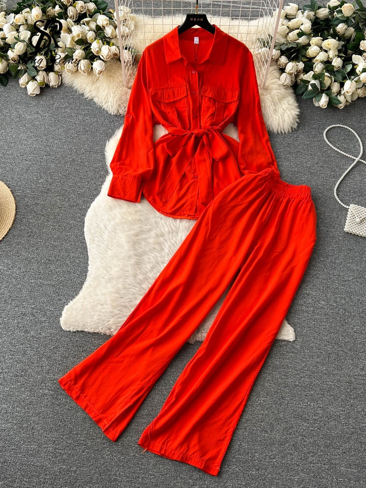 Solid Long Sleeves Loose Belt Shirt + Wide Legs Elastic Waist Pant Two Piece Set
