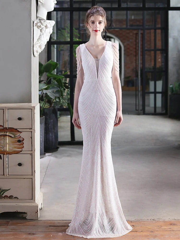 Mermaid V Neck Sequins Luxury Evening Dress