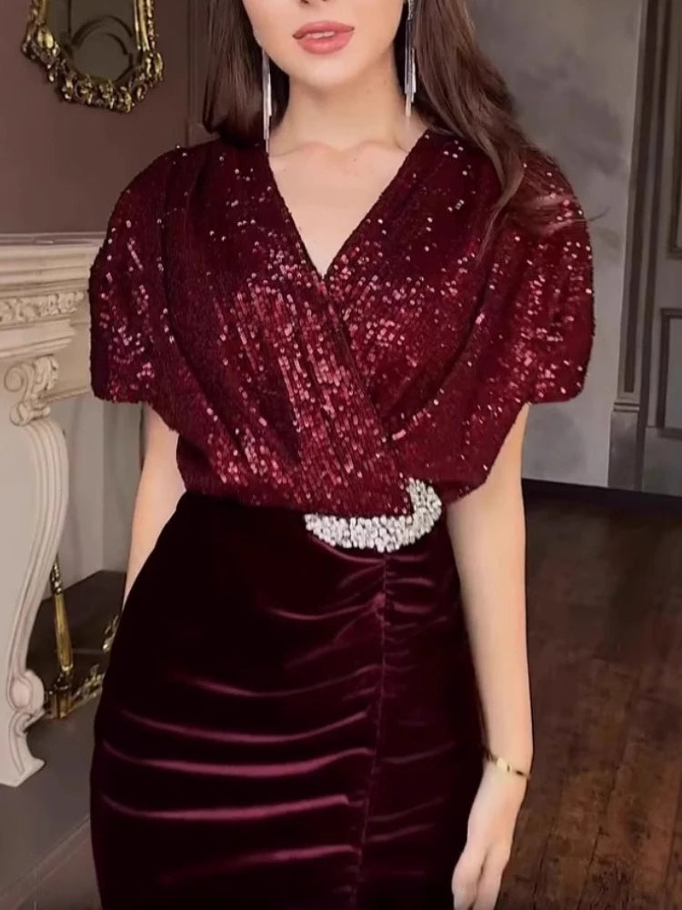 Sequins Patchwork V Neck Short Batwing Sleeves High Waist Cocktail Dress