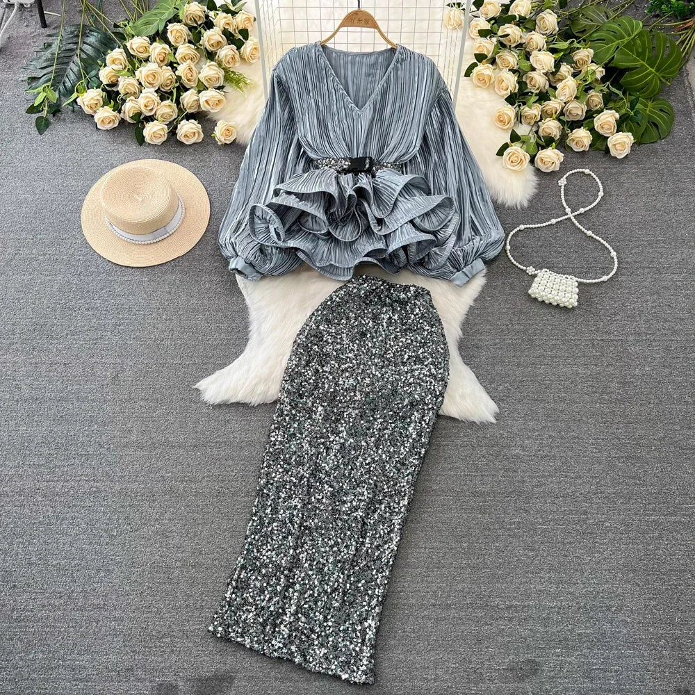 2 Piece Lantern Sleeve V-neck Ruffles Tops High Waist Bodycon Sequined Skirt Outfit