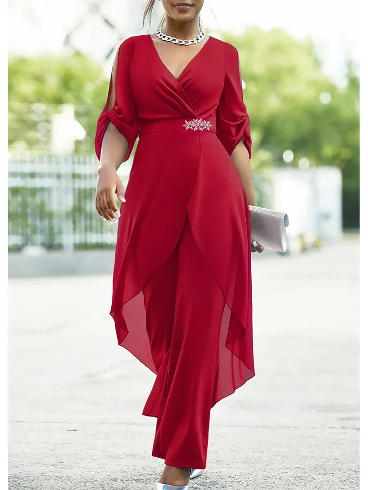 Plus Size Chiffon V-Neck Top and Loose Pants