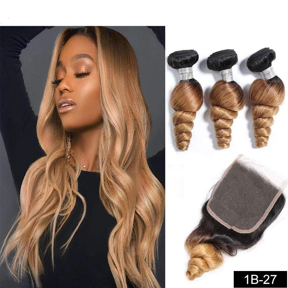 T1B427 Peruvian Loose Wave Human Hair Bundles with Closure