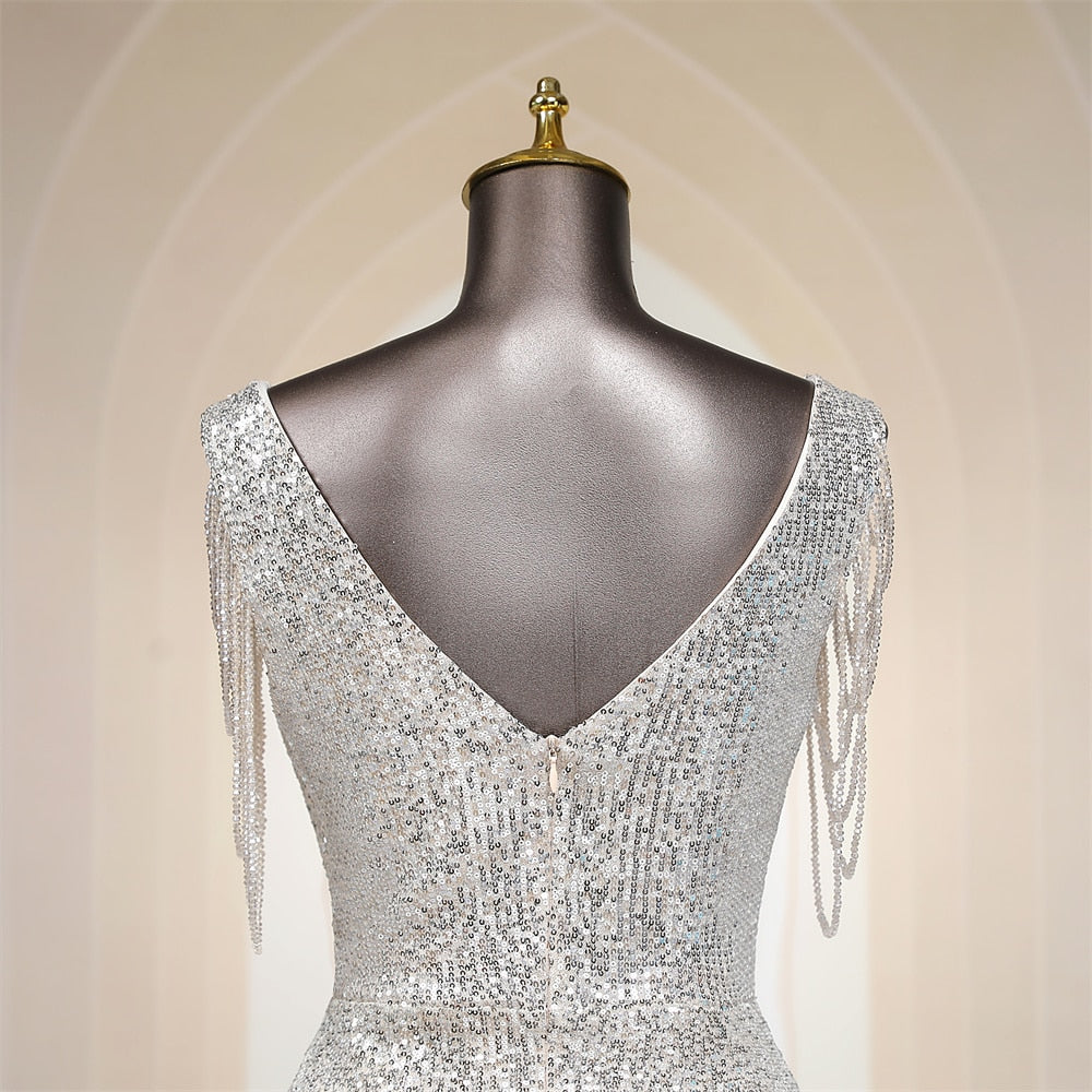 Bling Sequins Beads Tassel V Neck Ruffles High Dress