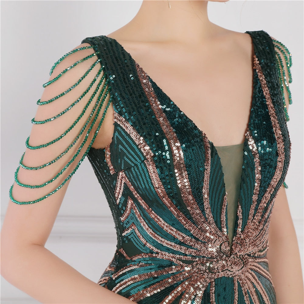 Green Sequin Long Evening Luxury Beading Maxi Dress