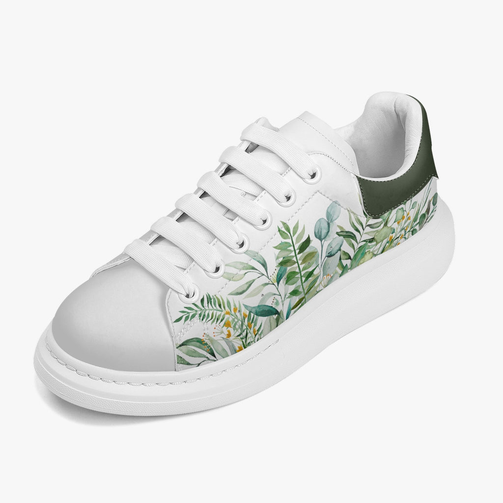 Height Increasing Green Floral Leather Sneakers - Women