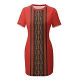 Ribbon Accent Culture Crew Neck Short Sleeve Dress - Red