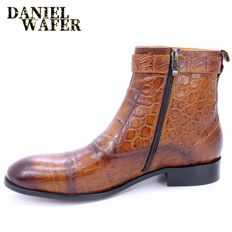 Luxury Men's Crocodile Print Genuine Leather Zip Buckle Ankle Boots - Brown