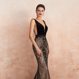 Mermaid Sexy Backless Black and Champagne Long Formal Gown