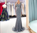 Long Sleeve Mermaid V Neck Lace Beaded Shiny Formal Gown