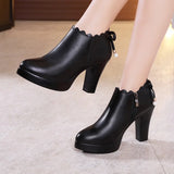 Casual Square High Heels Leather Pointed Toe Platform Pump