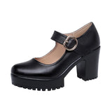 Block High Heels Office Leather Pumps