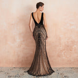 Mermaid Sexy Backless Black and Champagne Long Formal Gown