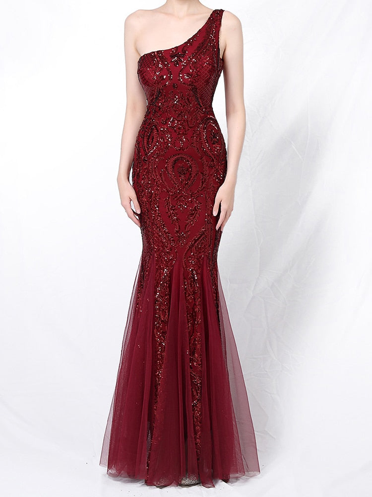Elegant One Shoulder Long Sequin Evening Dress