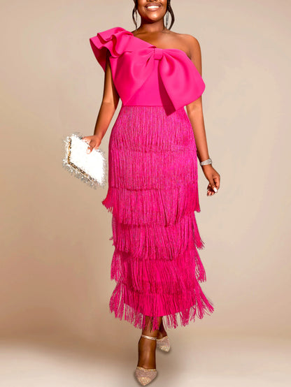 One Shoulder Fringe Long Dress