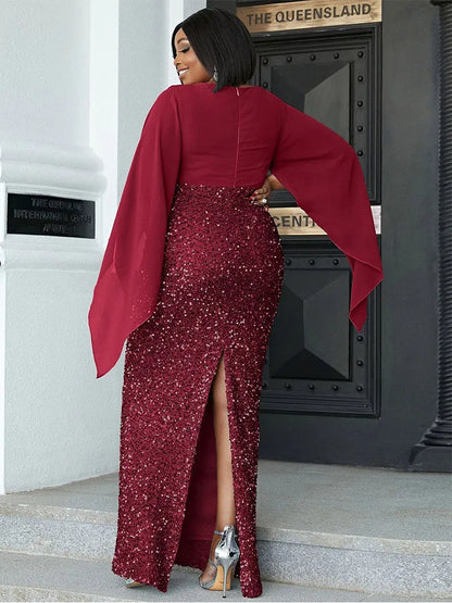 Plus Size V Neck Sequin Luxury Evening Dress