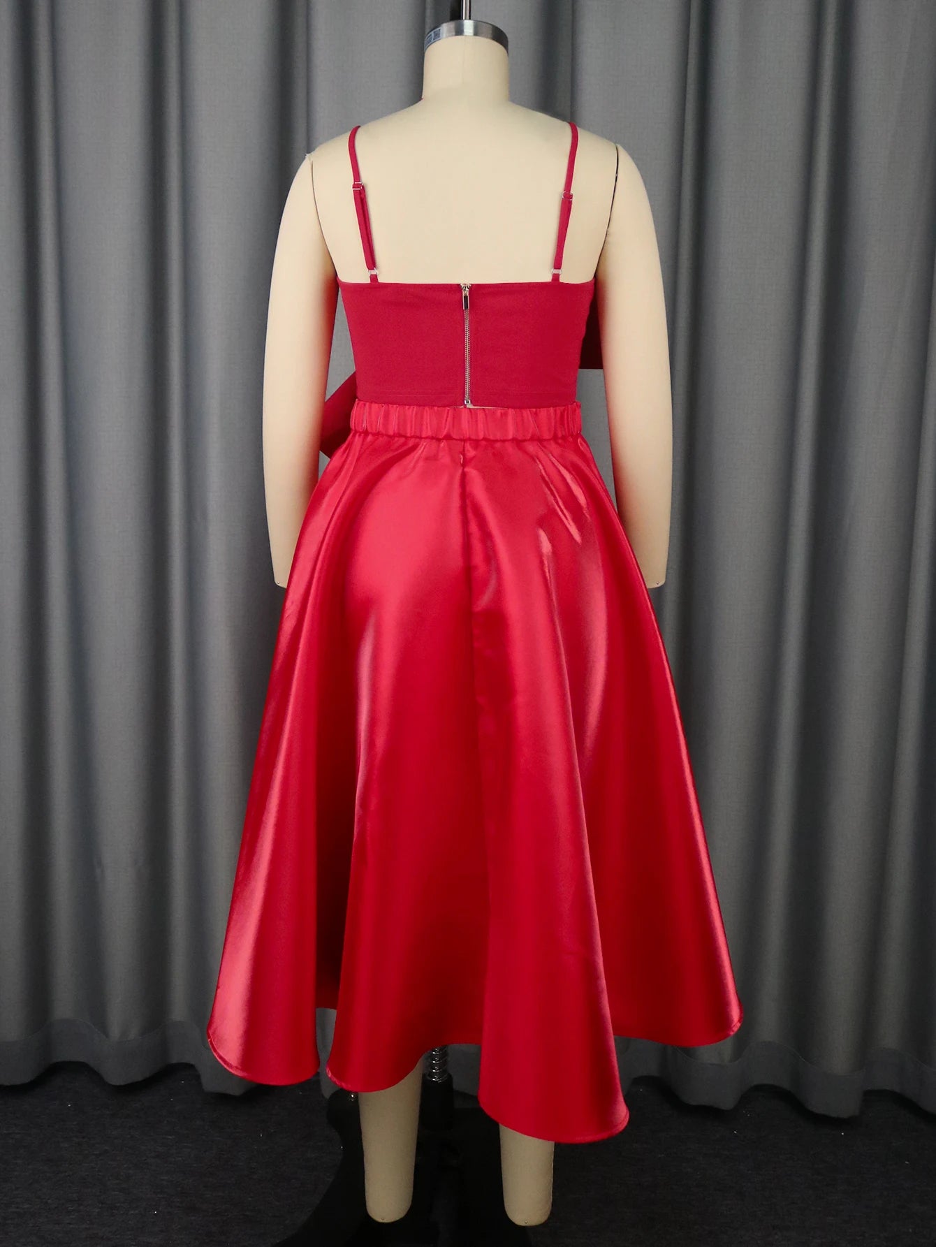 Spaghetti Strap Tops with Bowtie Layered Ruffle Hem Asymmetric A Line Skirt Two Piece Sets