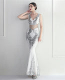 Long Elegant Mermaid Sequins Deep V Neck Beading Evening Dress