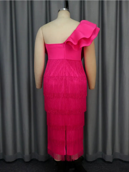 One Shoulder Fringe Long Dress