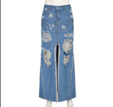 Fashion Hole High Waist Split Denim Skirt