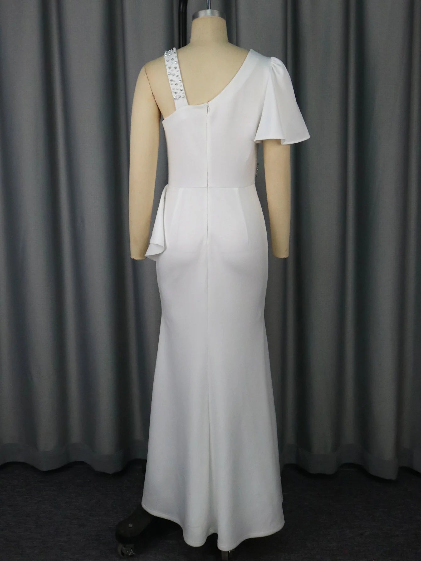 One Shoulder Asymmetric Ruffle Rhinestone Formal Dress