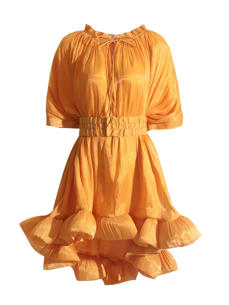Round Neck Short Sleeve High Waist Elegant A Line Dress