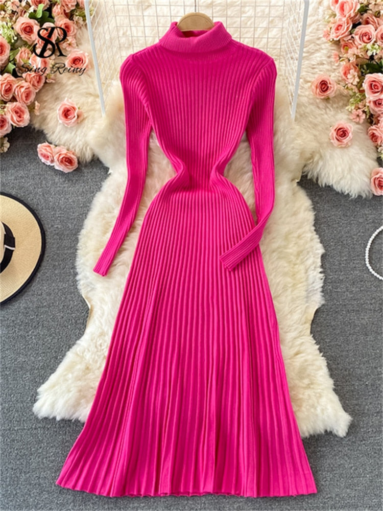 Pleated Knitted Turtleneck Long Sleeve Elastic Slim Pencil Dress