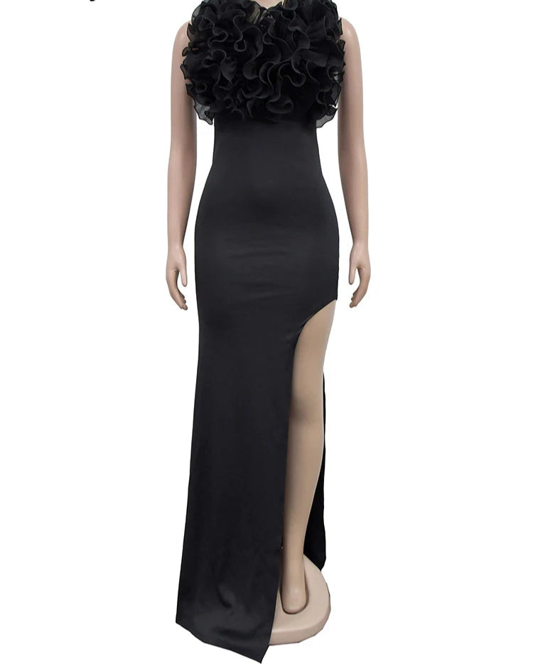 Elegant Ruffles V Neck Asymmetric Split Slim Mermaid Dress