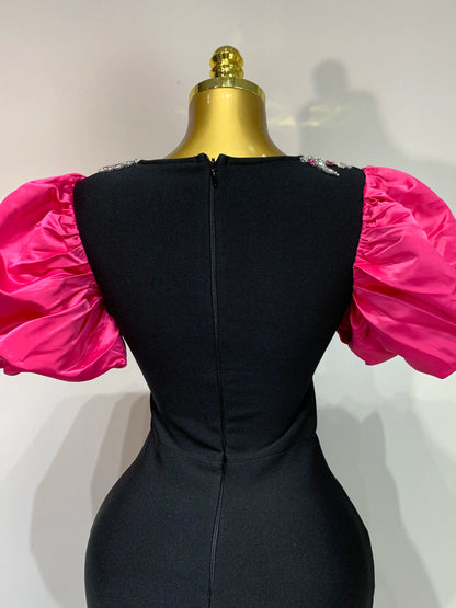 Puff Sleeve Square Collar Shinning Crystal Bodycon Long Dress