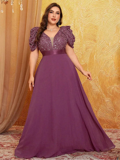 Plus Size V Neck Puff Sleeve Sparkling Evening Dress
