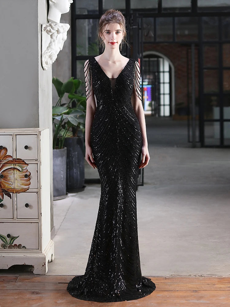 Mermaid V Neck Sequins Luxury Evening Dress
