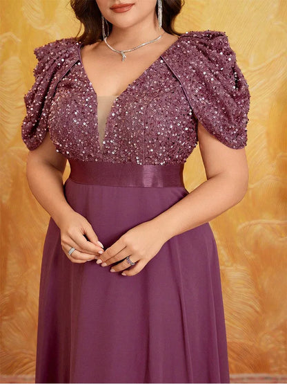 Plus Size V Neck Puff Sleeve Sparkling Evening Dress
