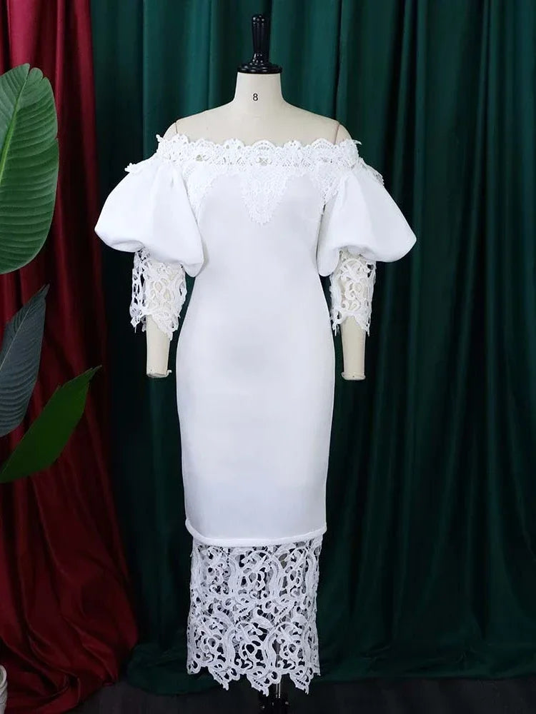 Tight Lace Bubble Sleeve Off Shoulder Dress