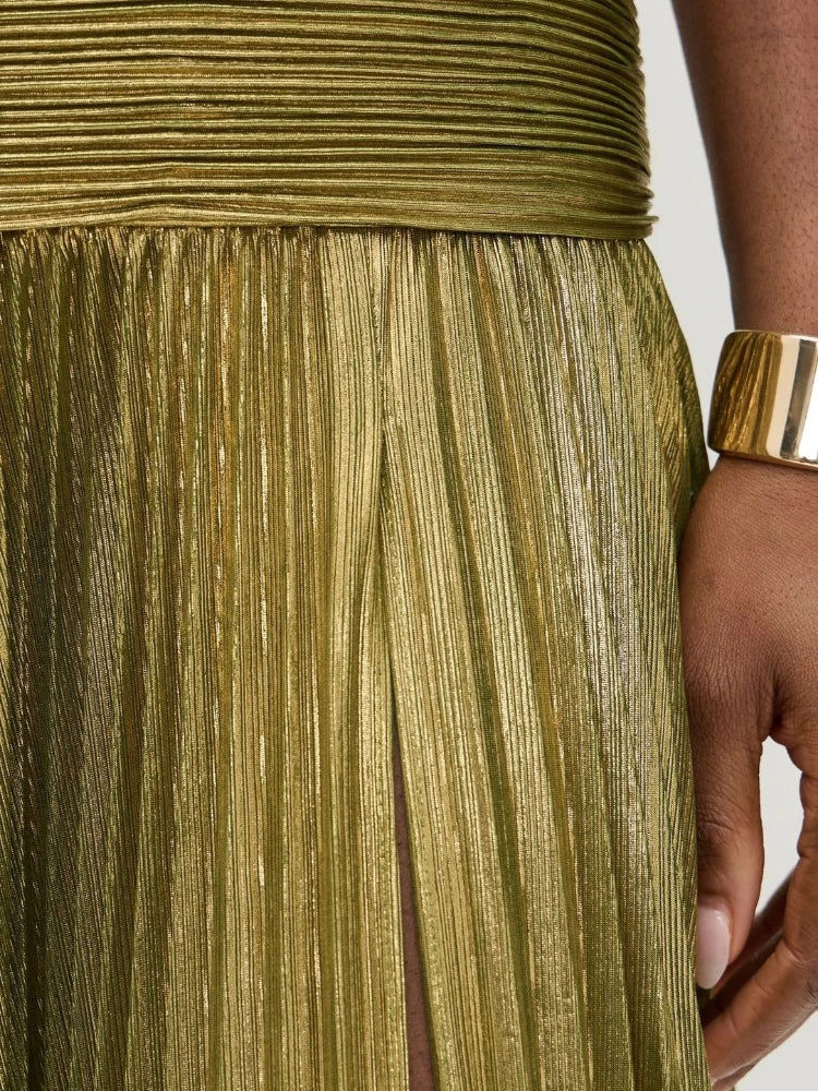 Gold Metallic Halter Sleeveless Cold Shoulder Backless Floor-Length Cocktail Dress