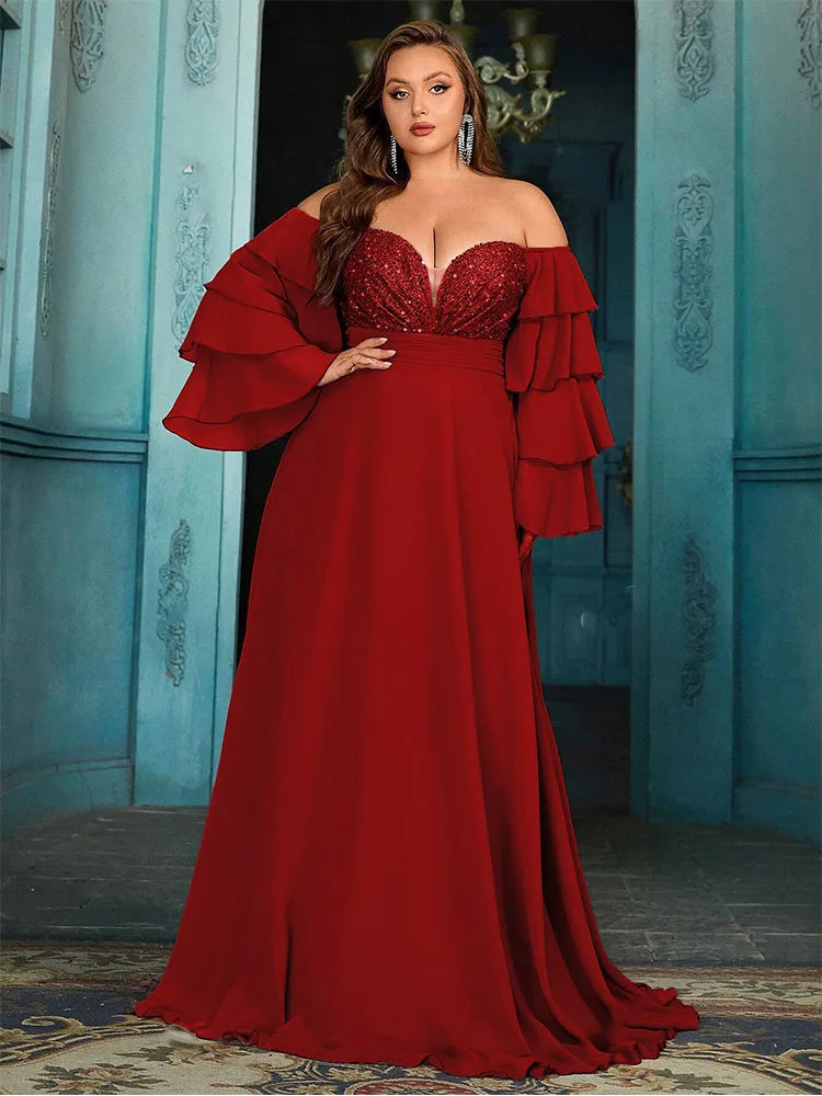 Plus Size Off Shoulder Chiffon Sparkling Evening Gown