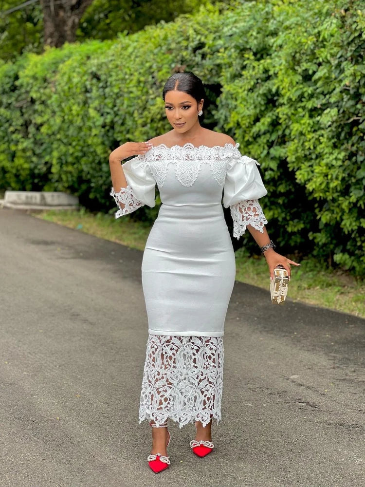 Tight Lace Bubble Sleeve Off Shoulder Dress