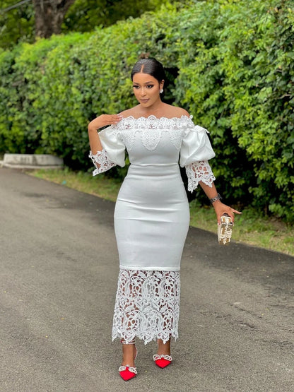 Tight Lace Bubble Sleeve Off Shoulder Dress