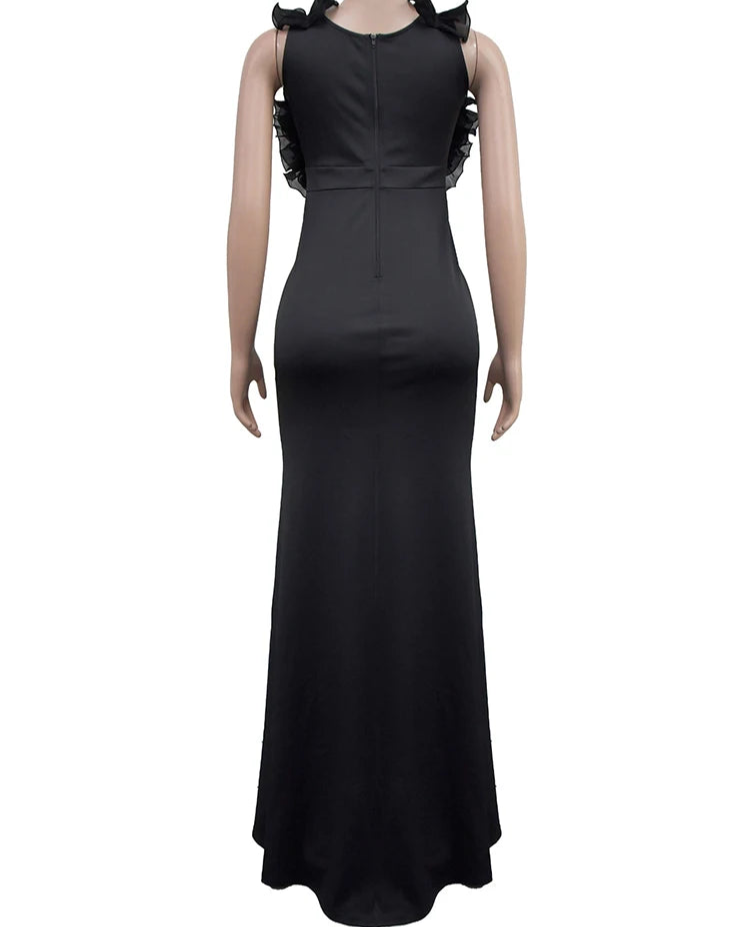 Elegant Ruffles V Neck Asymmetric Split Slim Mermaid Dress