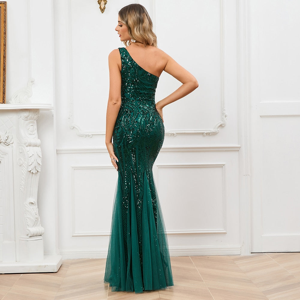 Elegant One Shoulder Long Sequin Evening Dress