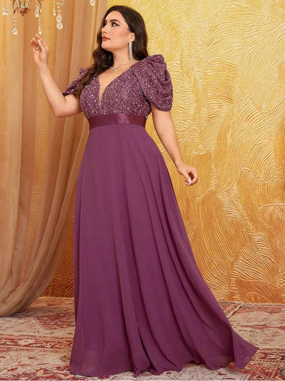 Plus Size V Neck Puff Sleeve Sparkling Evening Dress