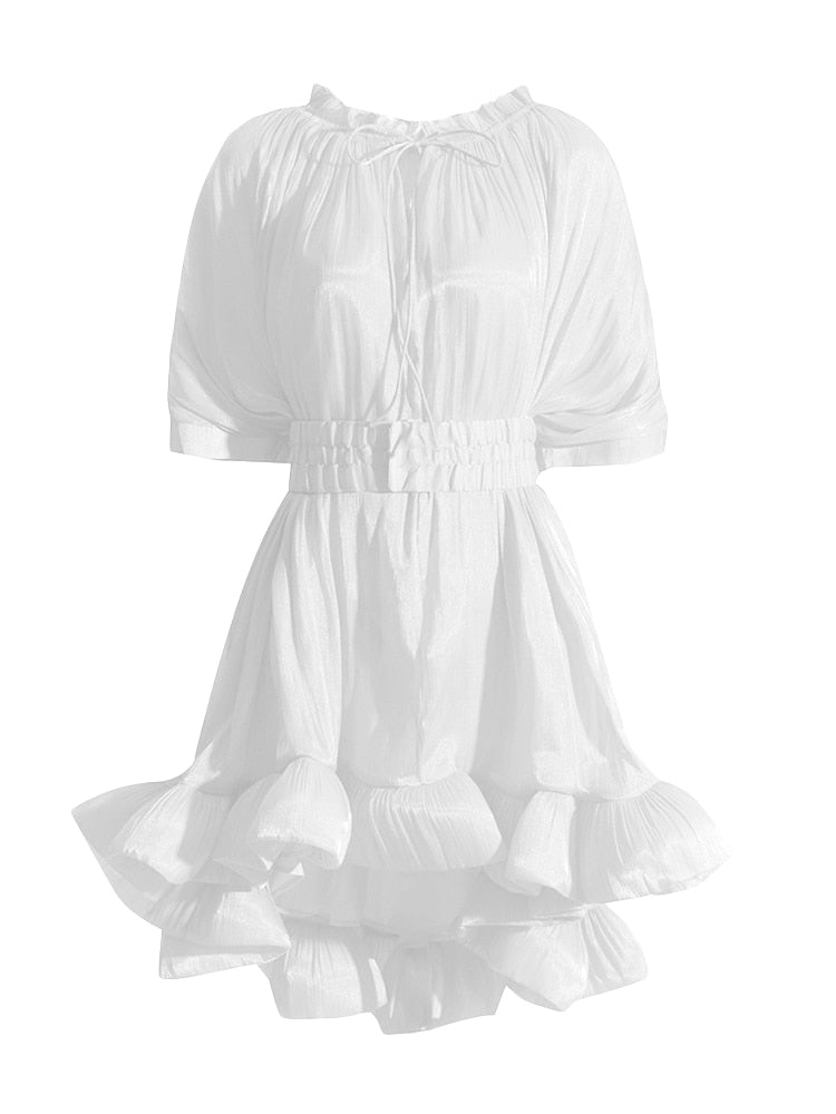 Round Neck Short Sleeve High Waist Elegant A Line Dress
