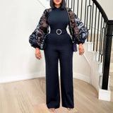 Long Sleeve O-neck Long Jumpsuit with Belt