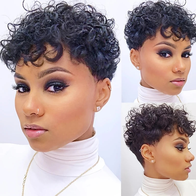 Pixie Cut Glueless Rose Net Cap with Fringe Bangs 180% Density