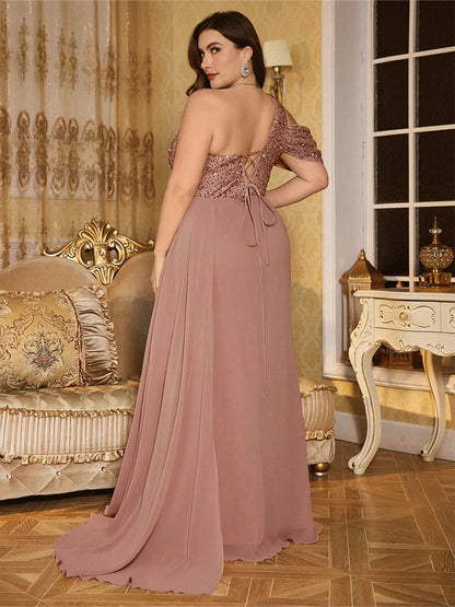 Off-Shoulder Floor-Length Shiny Sequined Chiffon Big Size Gown