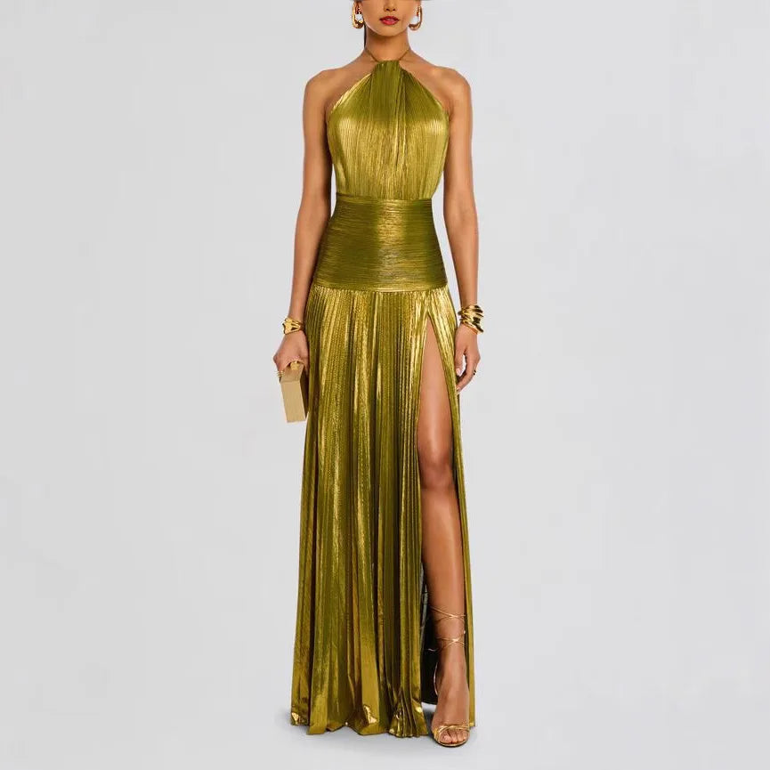 Gold Metallic Halter Sleeveless Cold Shoulder Backless Floor-Length Cocktail Dress