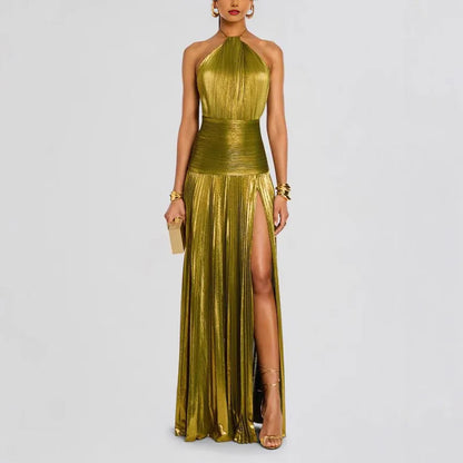 Gold Metallic Halter Sleeveless Cold Shoulder Backless Floor-Length Cocktail Dress