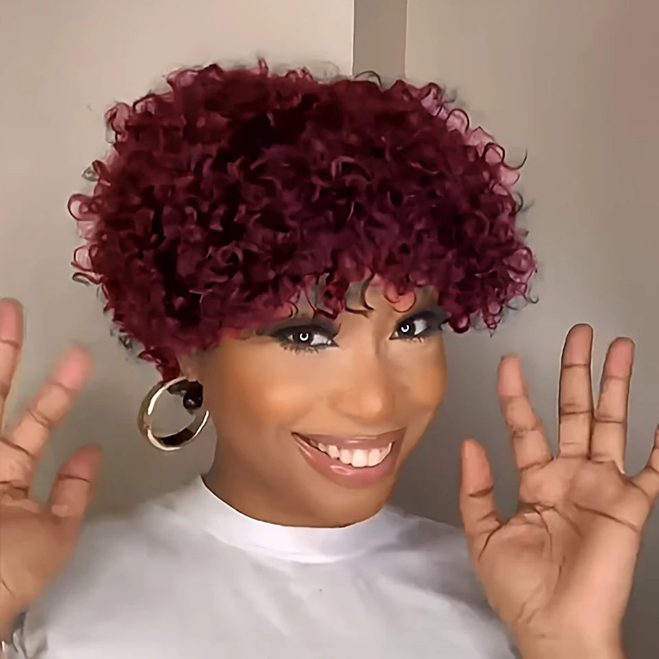 Burgundy 99J Color Short Afro Kinky Curly Glueless Wig