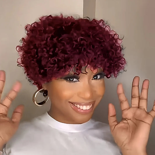 Burgundy 99J Color Short Afro Kinky Curly Glueless Wig